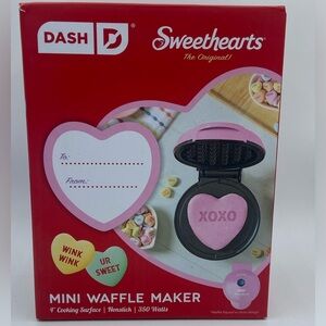 New DASH x SWEETHEARTS Mini WAFFLE MAKER 4” Heart Shaped Non-Stick Iron Pink NIB
